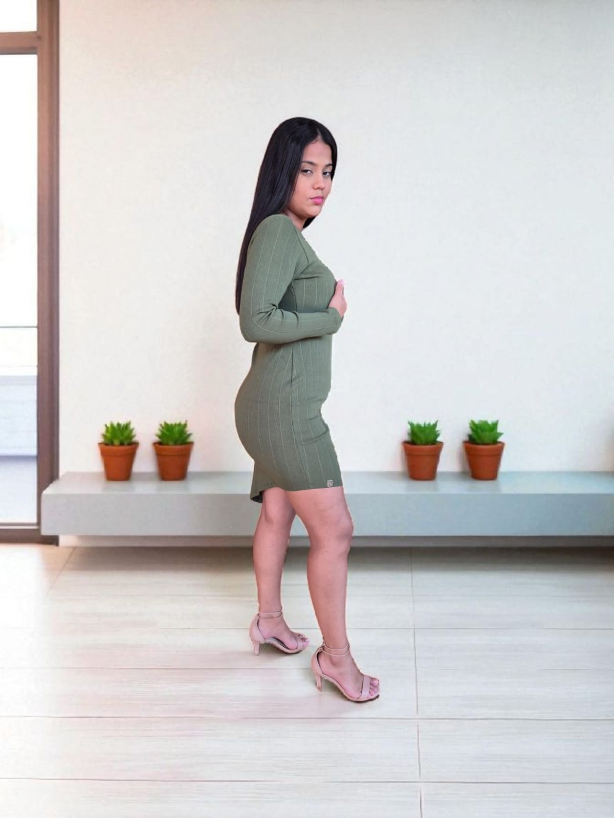 VESTIDO CANELADO DE MANGA LONGA