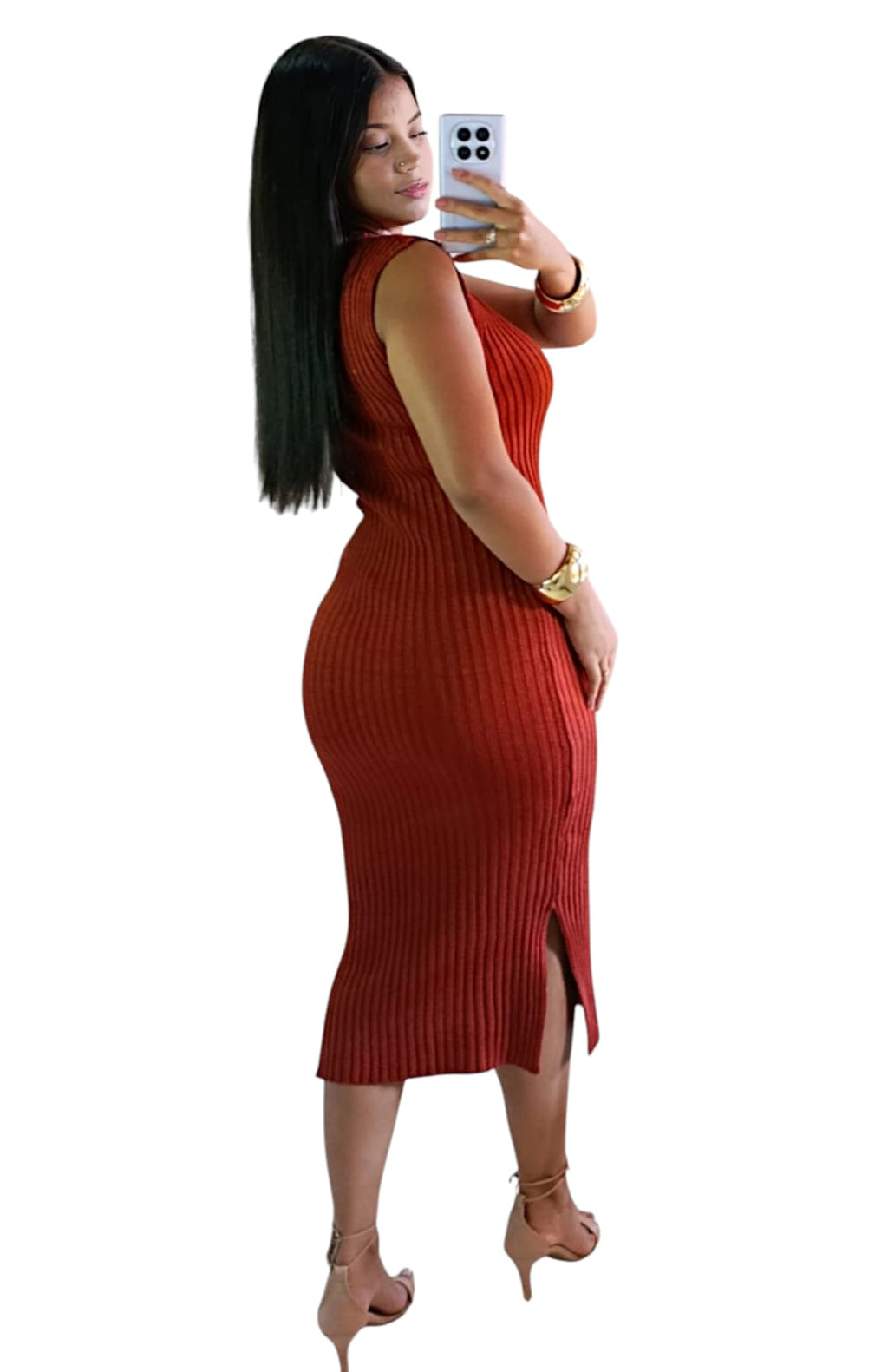 Vestido Midi em Tricô Terracota que Valoriza o Corpo