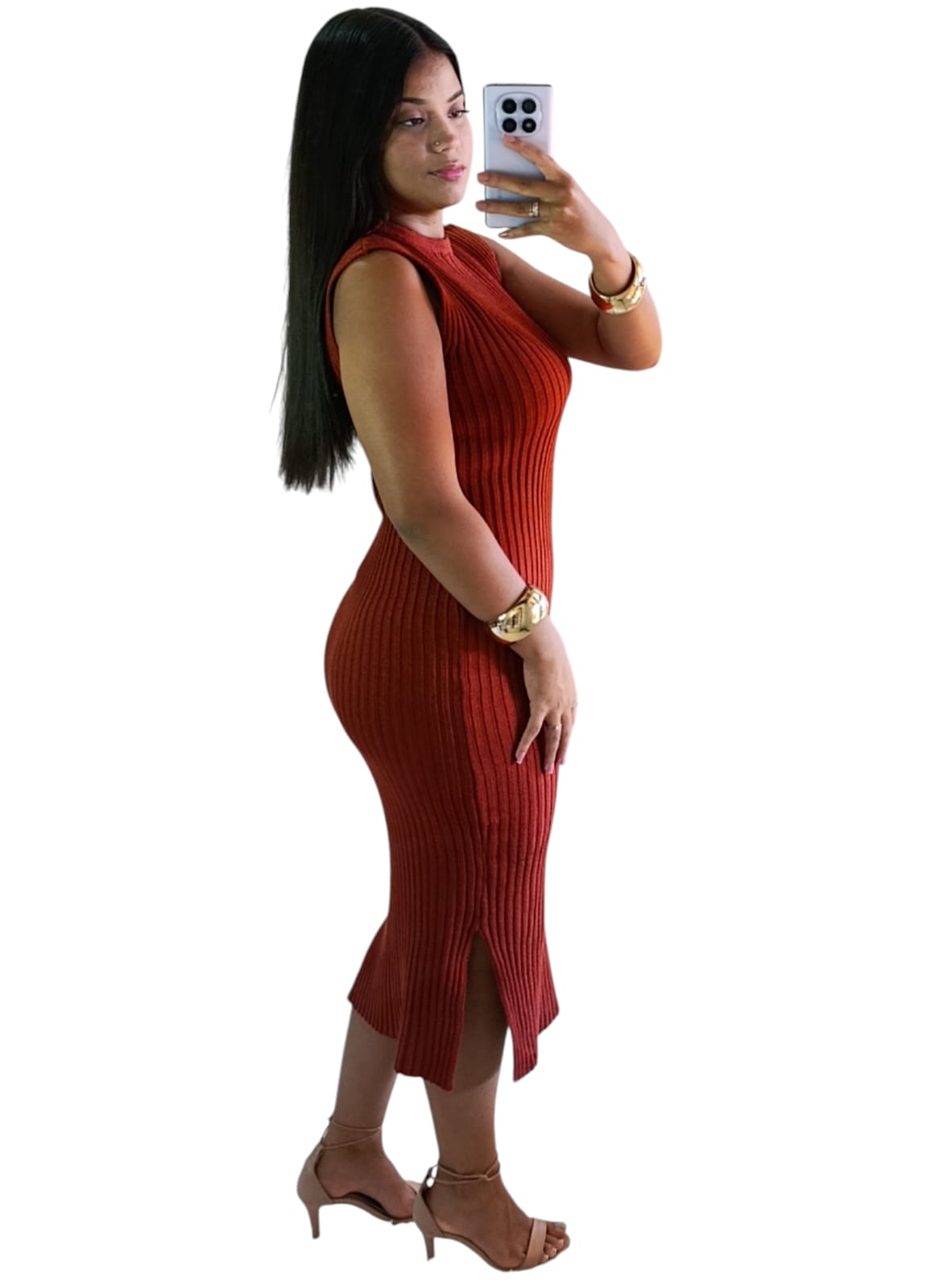 Vestido Midi em Tricô Terracota que Valoriza o Corpo