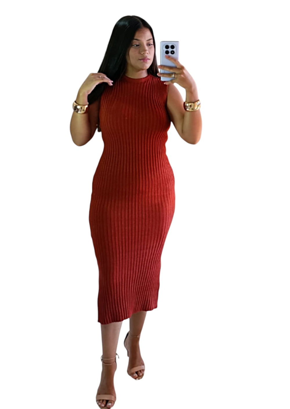 Vestido Midi em Tricô Terracota que Valoriza o Corpo