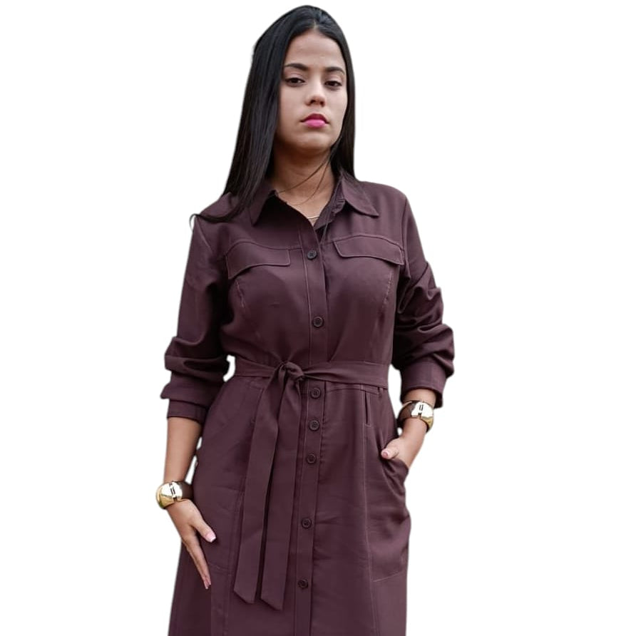 Vestido Midi Chemise Alfaiataria Marrom Chocolate - Coleção Premium