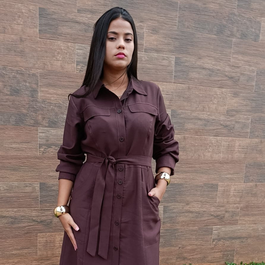 Vestido Midi Chemise Alfaiataria Marrom Chocolate - Coleção Premium
