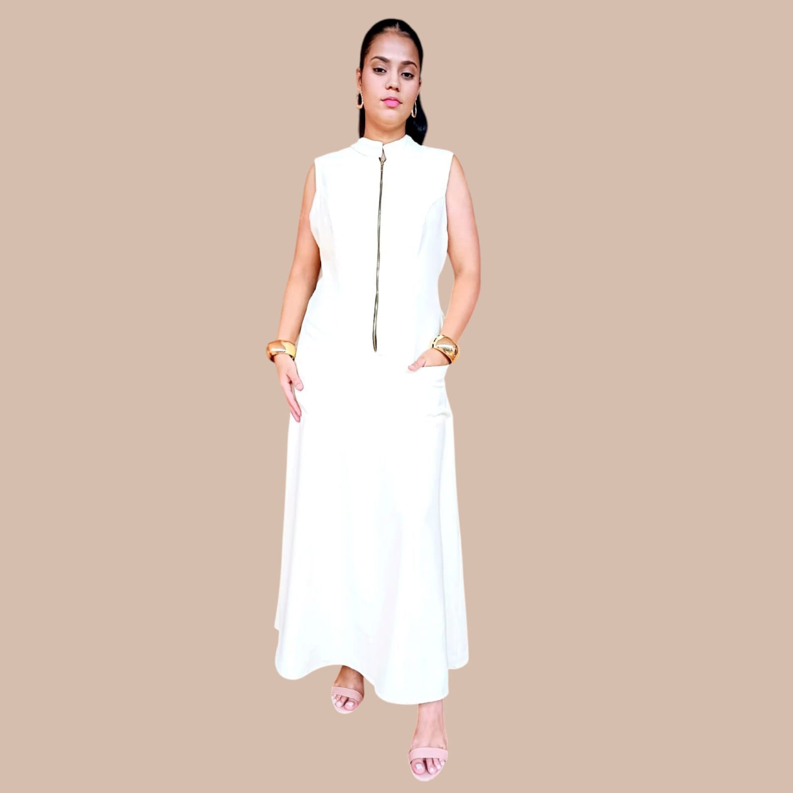 Vestido Longo Feminino com Gola Padre e Zíper Frontal – Amarelo