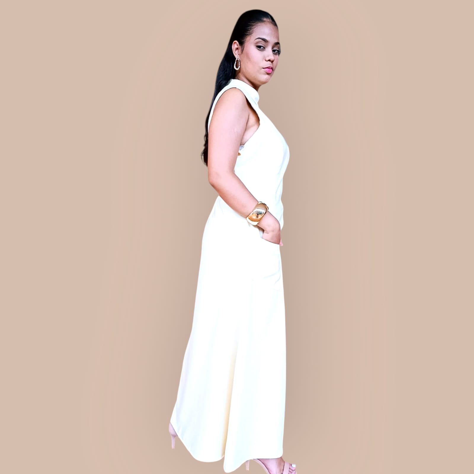 Vestido Longo Feminino com Gola Padre e Zíper Frontal – Amarelo