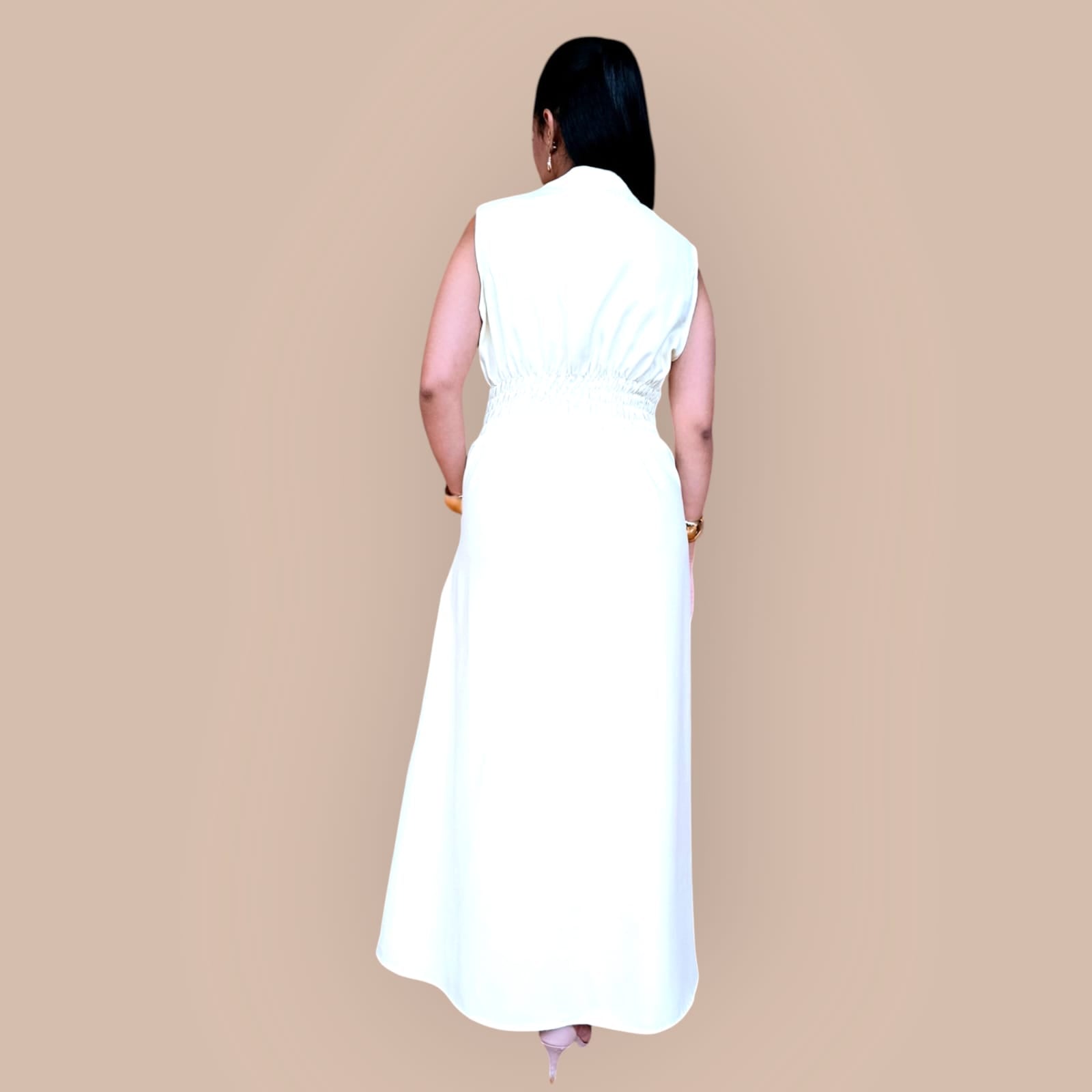 Vestido Longo Feminino com Gola Padre e Zíper Frontal – Amarelo