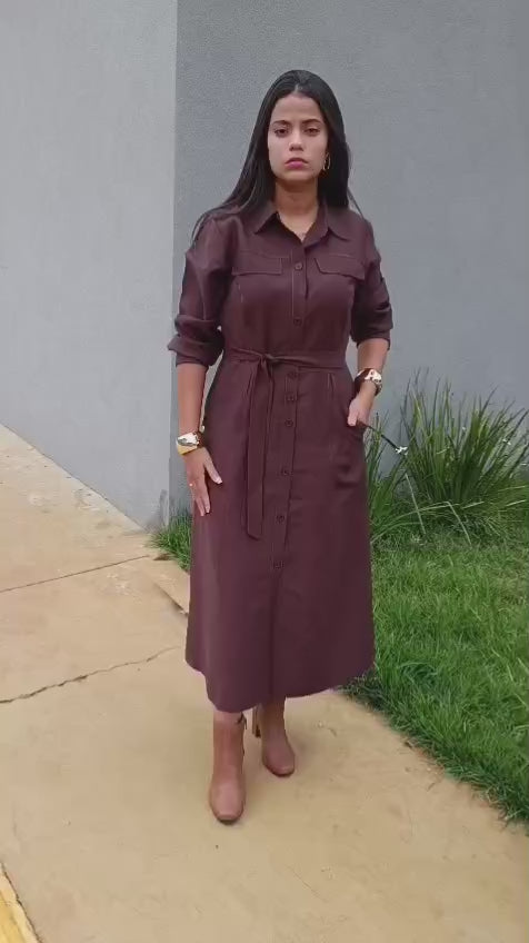 Vestido Midi Chemise Alfaiataria Marrom Chocolate - Coleção Premium
