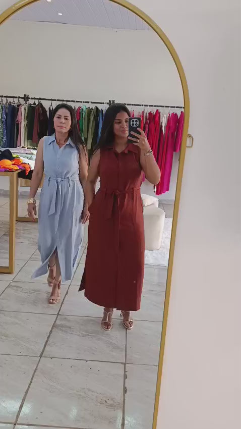 Vestido Midi Terracota Elegante com Faixa